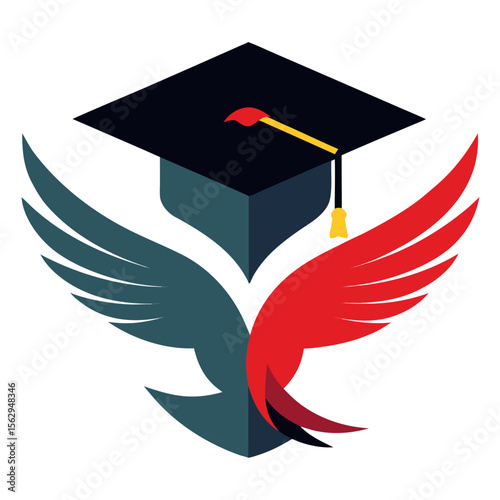 Graduation cap morphing into a bird with red and blue wings academic achievement