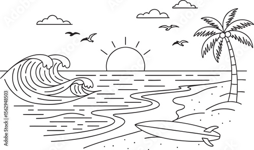Serene Beach Sunset Line Art Illustration of Ocean Waves, Palm Tree, and Surfboard