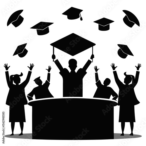 Graduation caps tossed by celebrating students on stage ceremony tossing