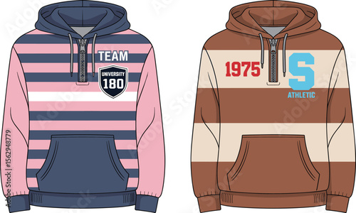 Striped pullover hoodies front view, university team athletic style, retro casual wear, youth fashion, CAD drawing, flat vector illustration