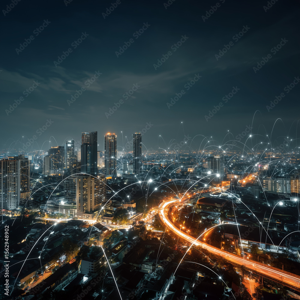 custom made wallpaper toronto digitalSmart city skyline at night with glowing digital overlays showing data, traffic flow, network connections cyberpunk style