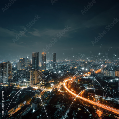 Wallpaper Mural Smart city skyline at night with glowing digital overlays showing data, traffic flow, network connections cyberpunk style Torontodigital.ca