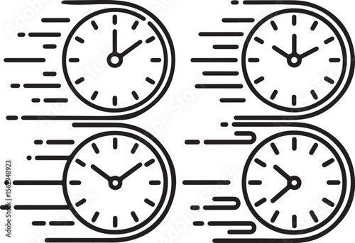 four stylized clocks in a fast motion blur effect silhouette isolated on transparent background