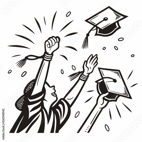 Celebratory graduation caps tossed high in black and white celebration tossing