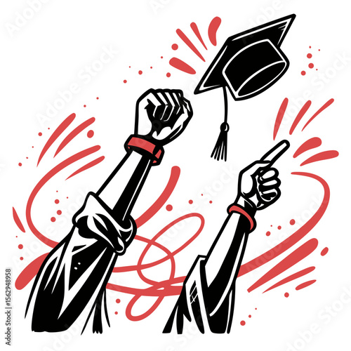 Graduation cap tossed by celebratory hands with red accents celebration