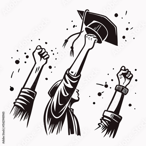 Graduation caps tossed high in celebration tossing hands