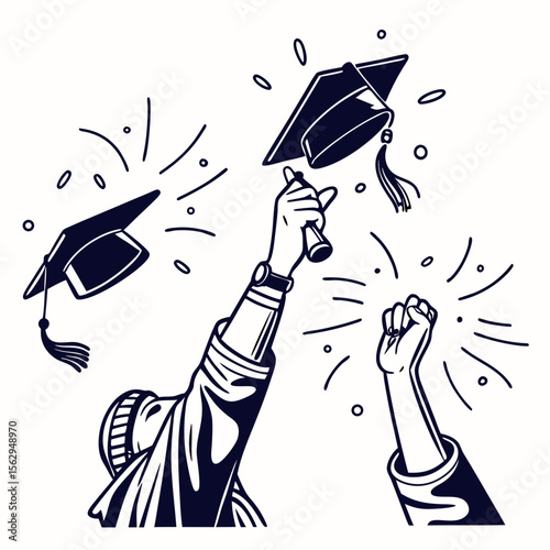 Graduation caps tossed celebratory fists raised tossing celebration