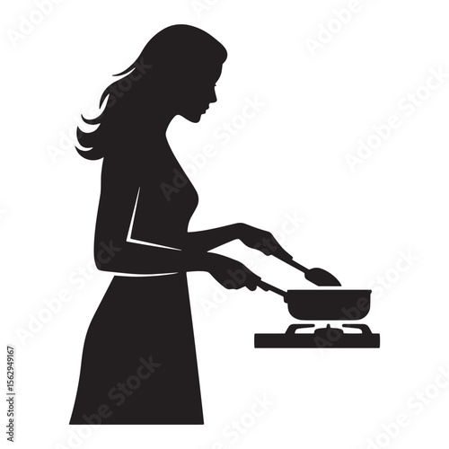 Elegant silhouette of a woman cooking food in a pan on a stove top