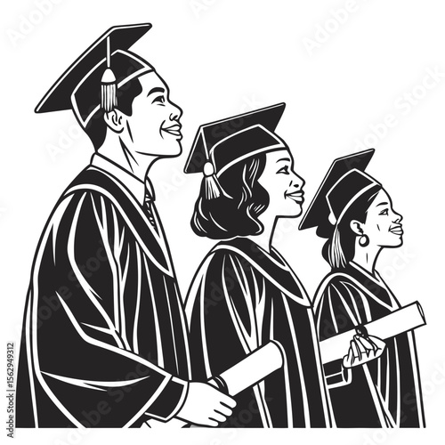 Diverse graduates in academic robes holding diplomas graduation education