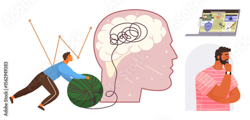 Man rolls green yarn outside tangled brain sketch, laptop shows data analysis, and a thoughtful man represents decision-making. Ideal for mental health, productivity, organization, brainstorming