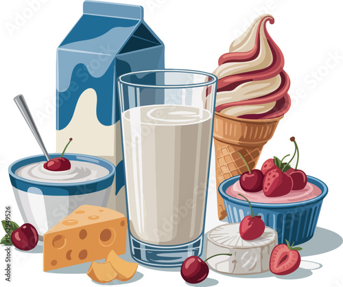 Dairy Delight Still Life Cartoon Composition Displaying Milk, Cheese, Yogurt and Ice Cream with Ripe Cherries and Strawberries