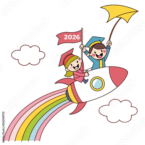 Cheerful graduates ride rocket with rainbow trail and umbrella graduation children