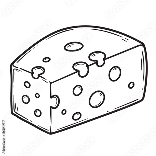Hand drawn black and white illustration of a cheese block with holes for graphic designs