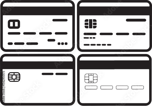 set of four credit card icons with chip and contactless payment symbols