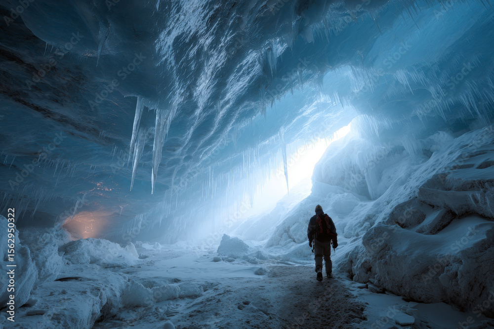 Fototapeta premium A scientist exploring a glowing cave system beneath a frozen tundra.