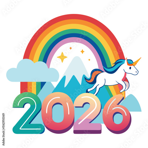 Unicorn jumping over rainbow mountains and year stars