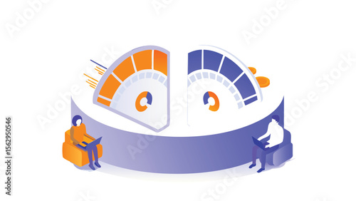 Isometric illustration of two people working with speedometers in orange and blue hues with laptops