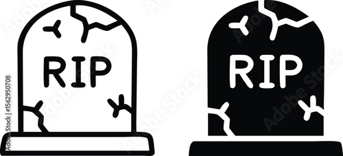 RIP Tombstone Icon Set, Cracked Grave Silhouette Vector Illustration for Halloween