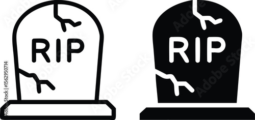 Grave Tombstone Icon Set, RIP Headstone Silhouette Vector Illustration for Halloween