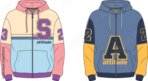 Trendy varsity style hoodies front view, colorful patchwork zip up jackets, attitude letter print, casual streetwear fashion CAD drawing, vector