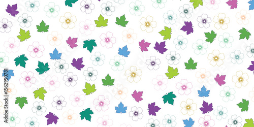 Seamless pastel pattern of hand-drawn flowers and maple leaves in various colors. Keywords: seamless, floral, pastel, pattern, leaf.