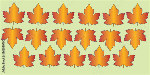 Repeating gradient maple leaves in warm autumn tones on a soft green background. Keywords: autumn, maple, leaf, pattern, gradient.