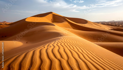 Serene desert landscape with undulating sand dunes under a clear sky.