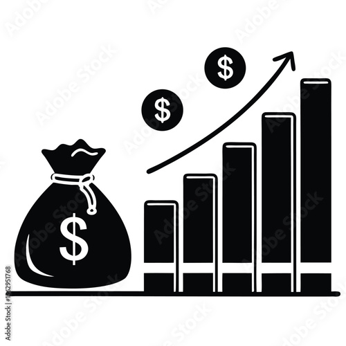 Black and white financial growth vector with increasing bar graph and dollar symbols