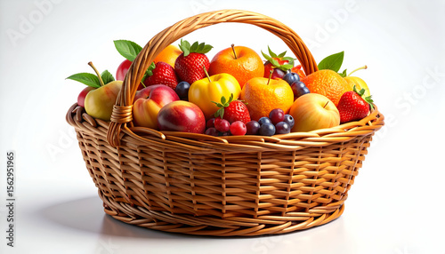A woven basket filled with a variety of colorful fruits.