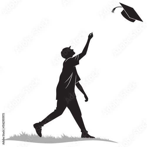 Silhouette person tossing graduation cap into air vector