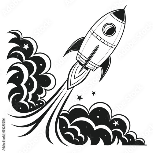 Black and white illustration of a rocket ship blasting off into space with stars