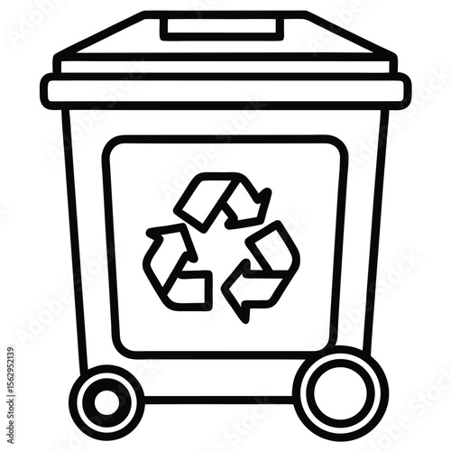 Black and white illustration of a recycling bin with recycle symbol on white background
