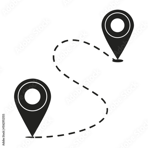 Black and white illustration of two location markers connected by dotted line