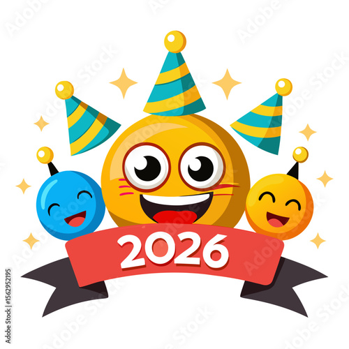 Cheerful emoticons celebrating new year with party hats and stars smiley happy