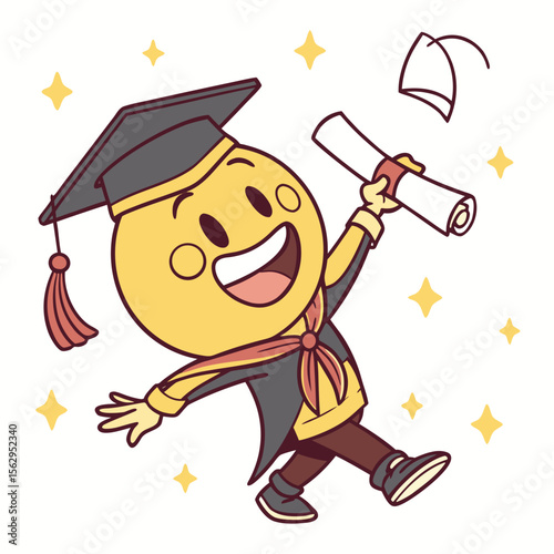 Happy graduate character celebrating with diploma graduation gown