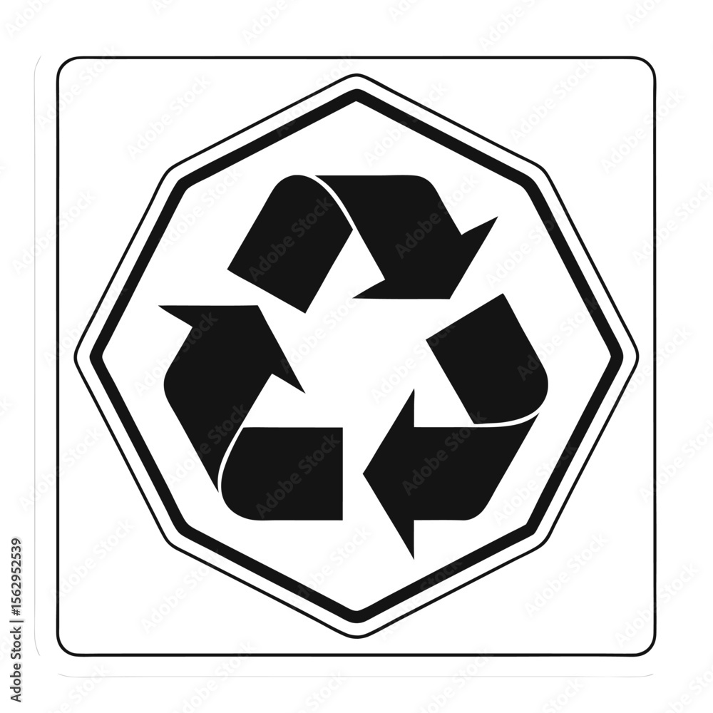 Obraz premium Black and white recycling symbol sign within a polygonal shape on white background