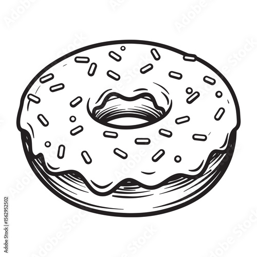 Hand-drawn outline illustration of a delicious glazed donut with sprinkles on a white background
