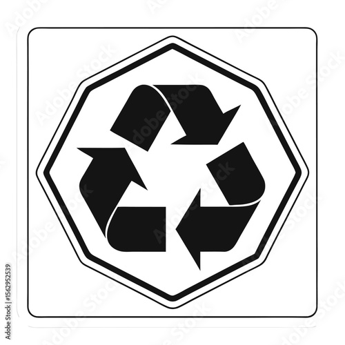 Black and white recycling symbol sign within a polygonal shape on white background