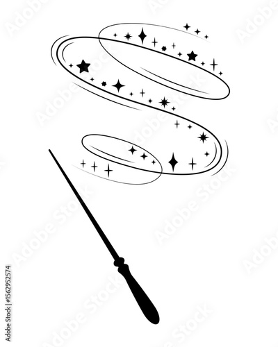 Magic wand with swirling sparkle trail. Vector illustration of a fairy tale wand casting spell with stars and glitter. Black silhouette icon for fantasy, magic, or Halloween design themes.