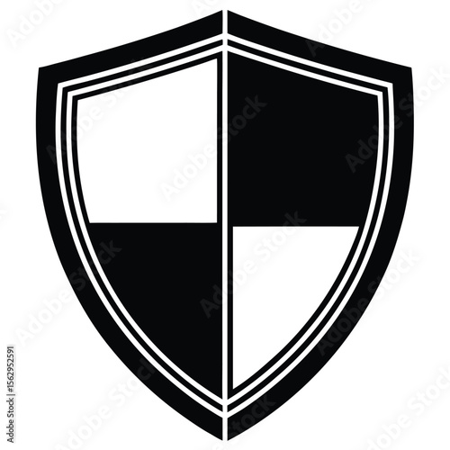 Black and white shield emblem graphic with minimalist geometric quartered design