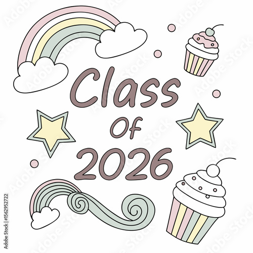 Pastel rainbows stars and cupcakes celebrating class of twenty six clouds
