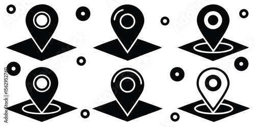 Black and white vector graphics of location markers with navigation elements