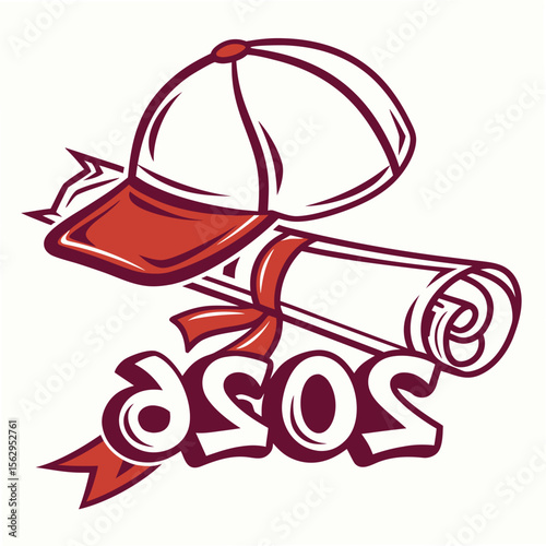 Baseball cap and scroll with bold lettering graduation ribbon