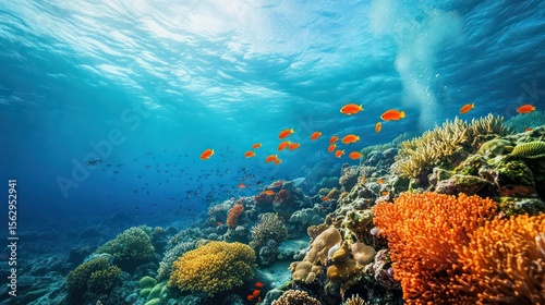 Fototapeta Naklejka Na Ścianę i Meble -  Underwater Scene of Vibrant Coral Reef and Orange Fish Swimming Upward