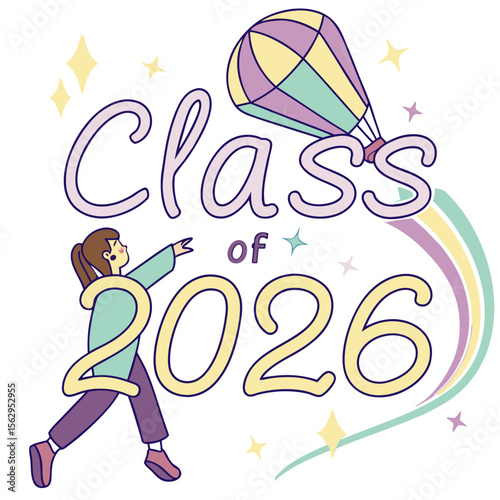 Celebratory graduating class with hot air balloon and rainbow graduation class of
