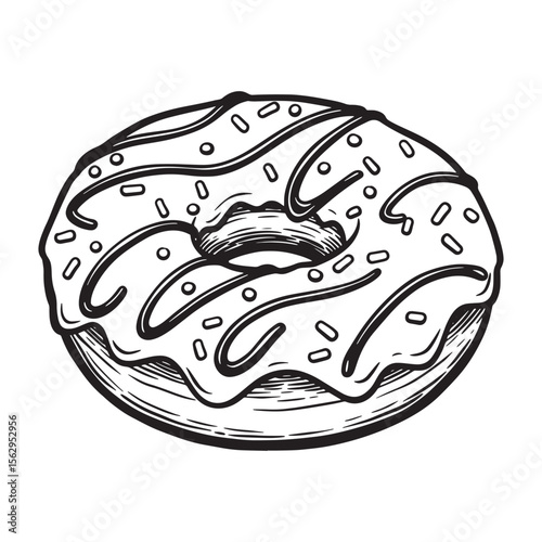 Intricate black and white vector illustration of a delicious frosted donut with sprinkles