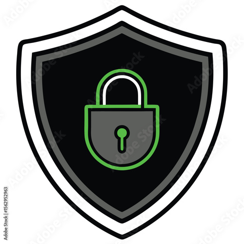 Digital security symbol featuring a shield and padlock with transparency