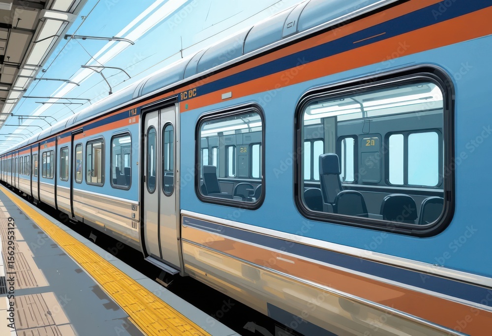 Fototapeta premium Urban Transit: A modern train gleams under a radiant sky, poised at a station platform, embodying the essence of streamlined urban transportation and connectivity.