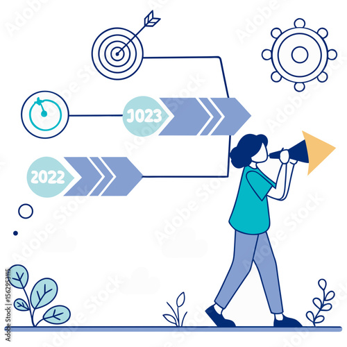 Person with megaphone announcing progress towards goals business strategy