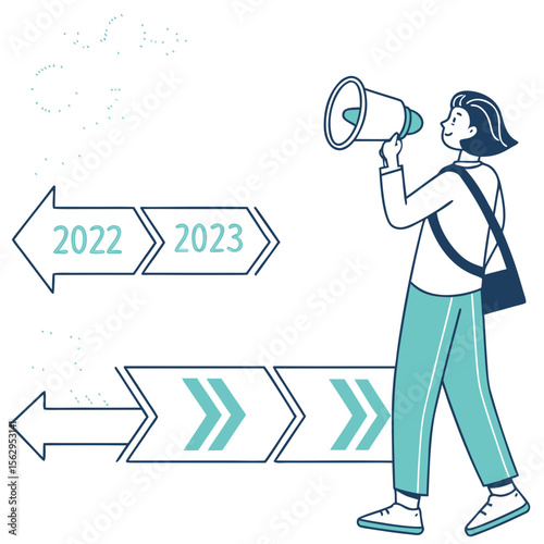 Person with megaphone and timeline years progress